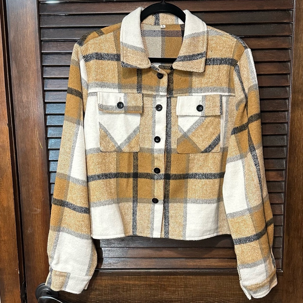 Cropped Flannel Plaid Jacket in Tan, Black and Cream